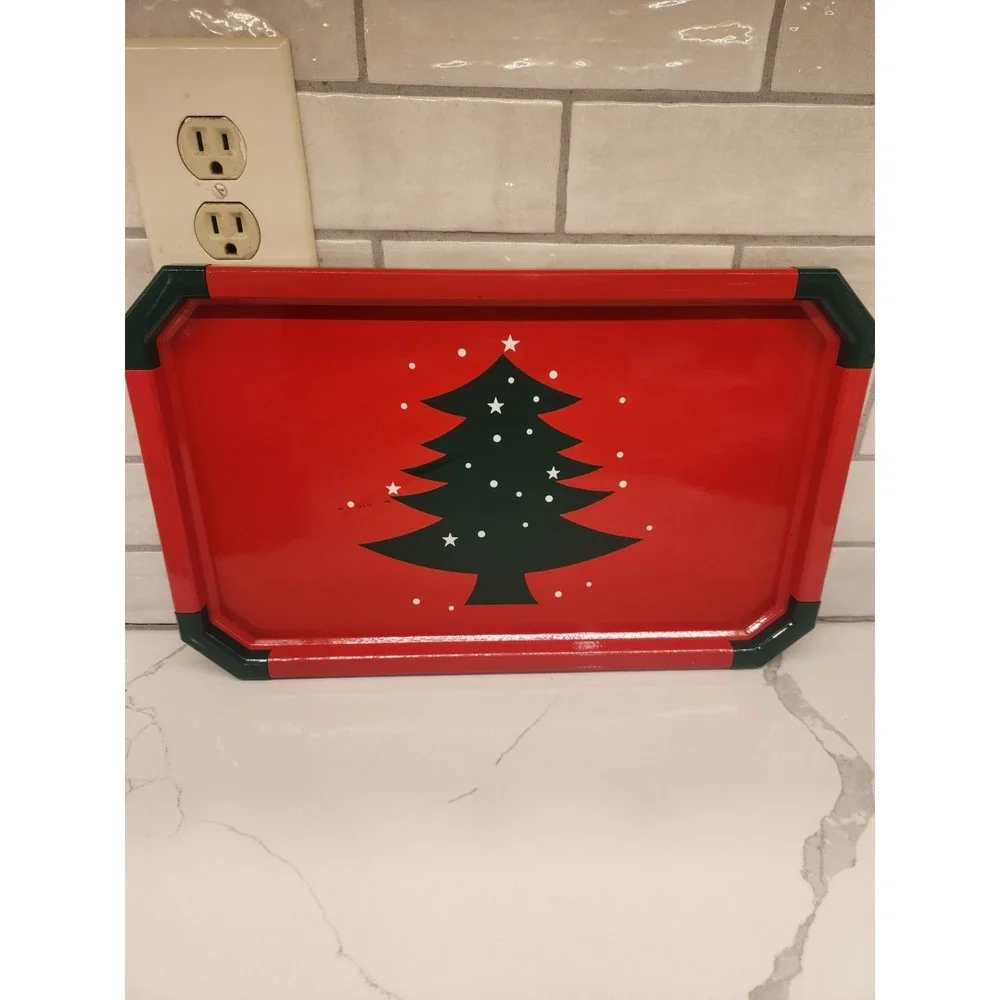 Vintage Lacquered Christmas Trays Set Of 2 Red w/Green Tree‎ With Original Box